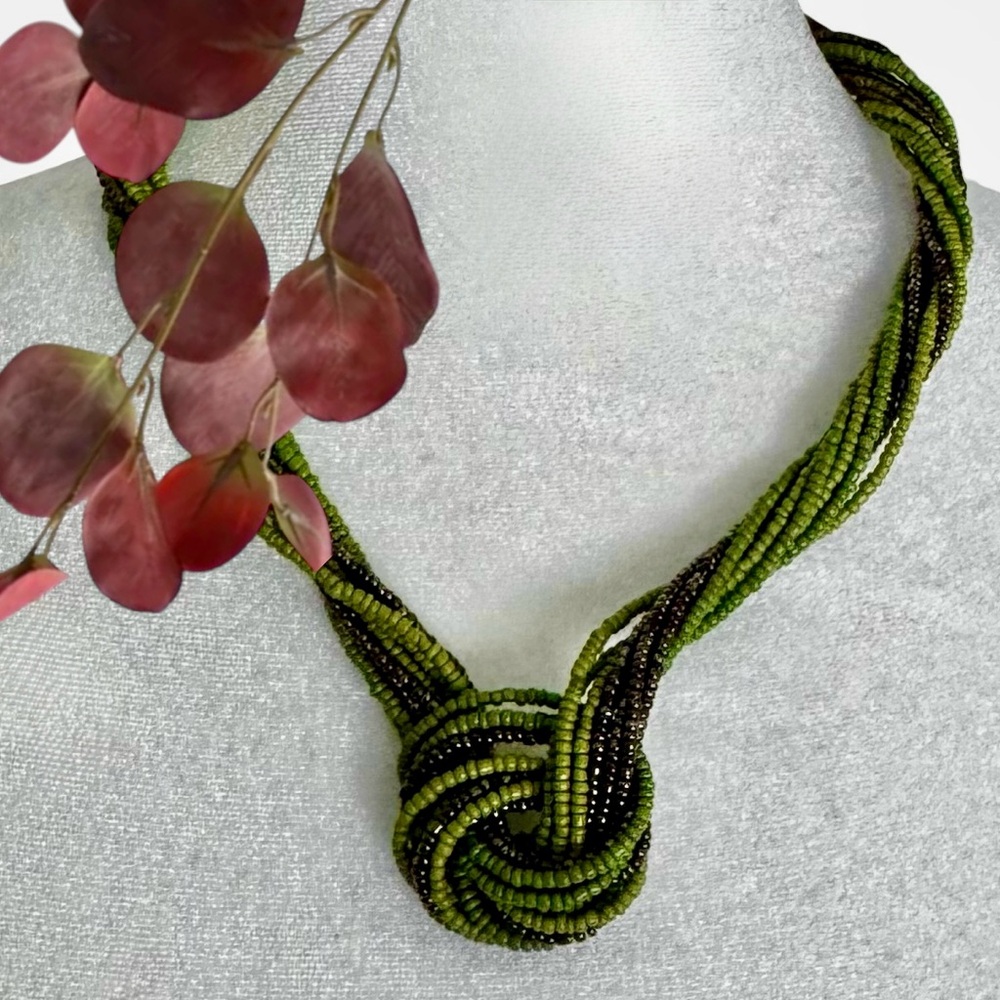 Green Multi Strand Seed Bead Knot 20” + 2” Extender Boho Statement Necklace